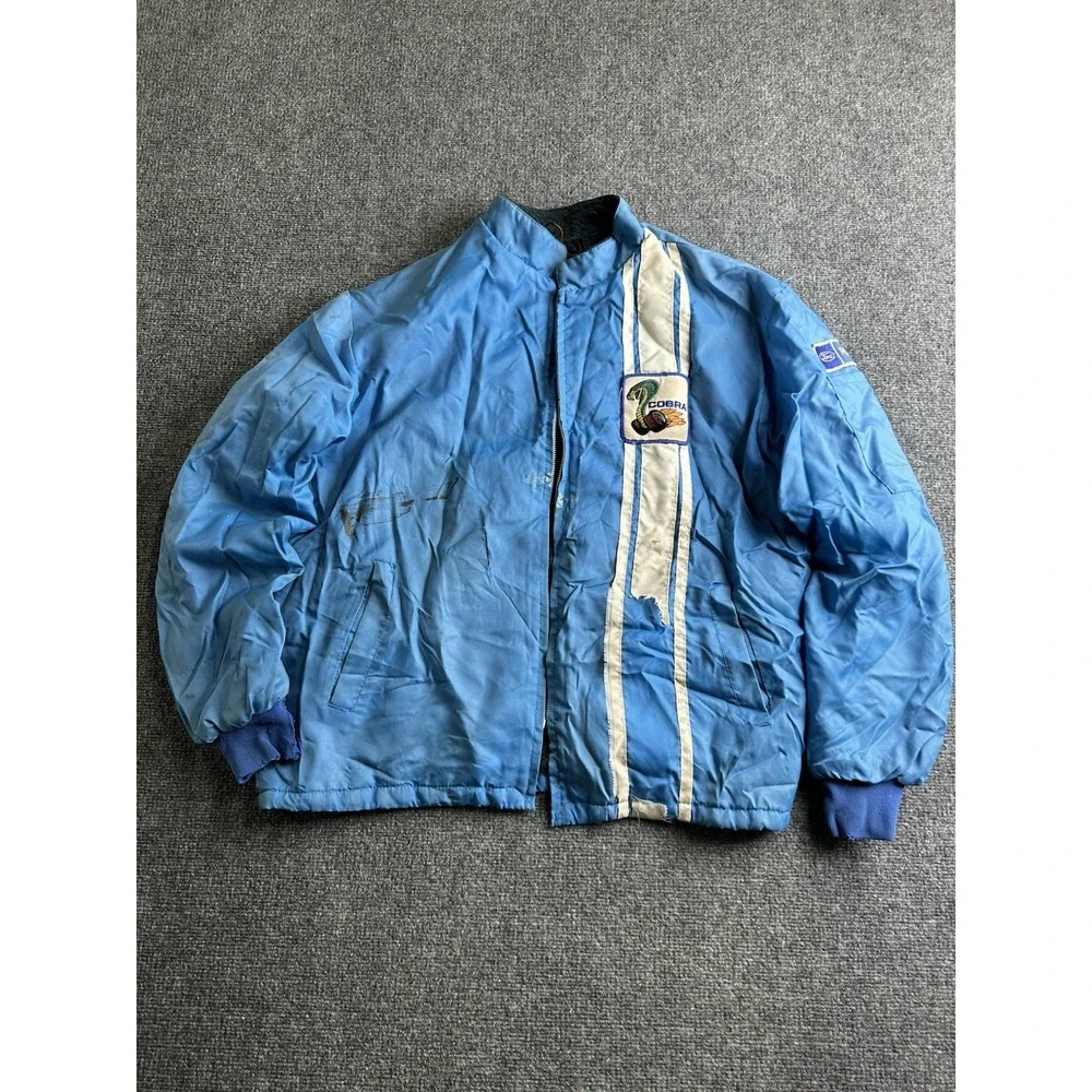 Mens 1970 Mustang Cobra Shelby Ford Fur Lined Racing Jacket Blue, Size XL